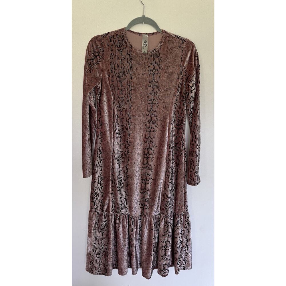 Go Couture Pink Snake Print Velvet Dress Medium Long Sleeve Midi Boho